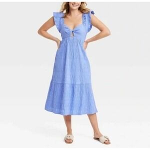 Universal Thread Midi Dress Size XL Periwinkle Blue Ruched Tiered Cutout Front